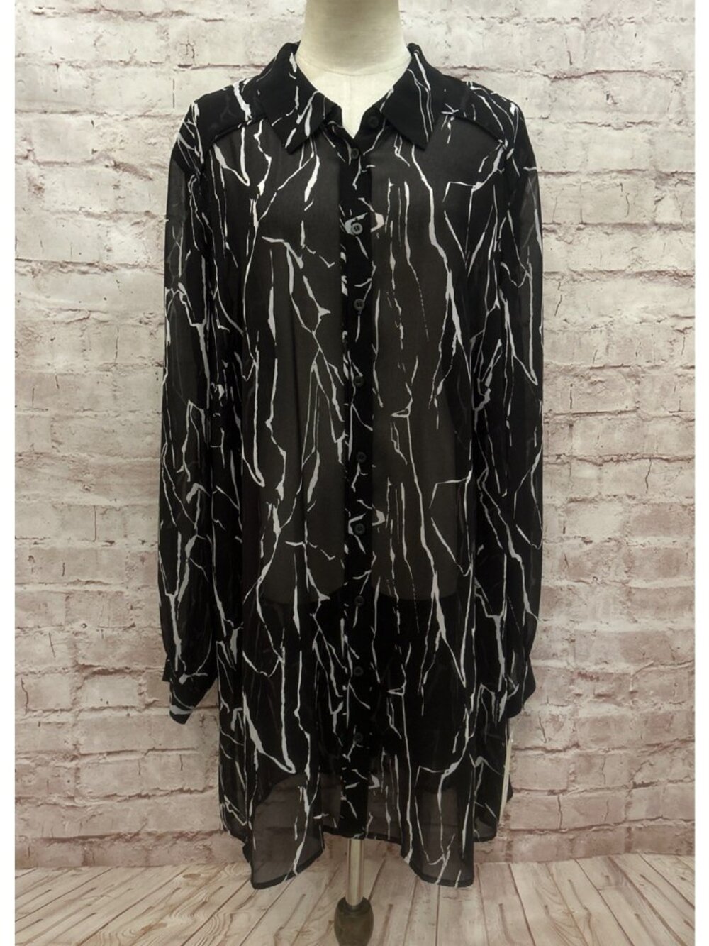Sejour Womens  18W Tunic Blouse Button Front Black Ivory Sheer Long Sleeve NEW